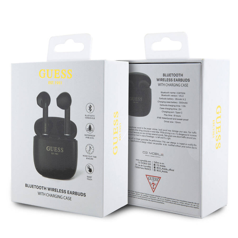 Guess Original Licensed Classic EST Text Logo TWS Bluetooth Headphones Black 