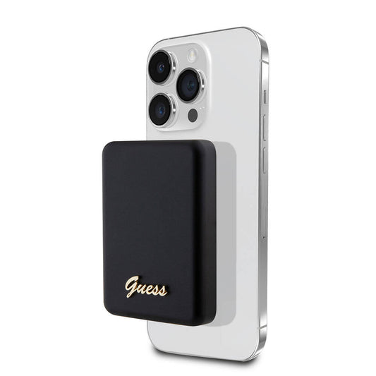 Guess Orjinal Lisanslı M-safe Şarj Özellikli Metal Yazı Logolu Powerbank 5000mAh 15W Siyah