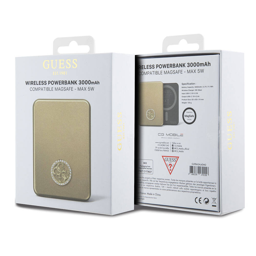 Guess Orjinal Lisanslı M-safe Şarj Özellikli Taşlı 4G Logolu Powerbank 3000mAh 5W Gold