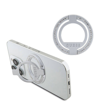 Guess Original Licensed M-safe Charging Feature Magnetic Stand with Logo and Stone Ring in Silver 