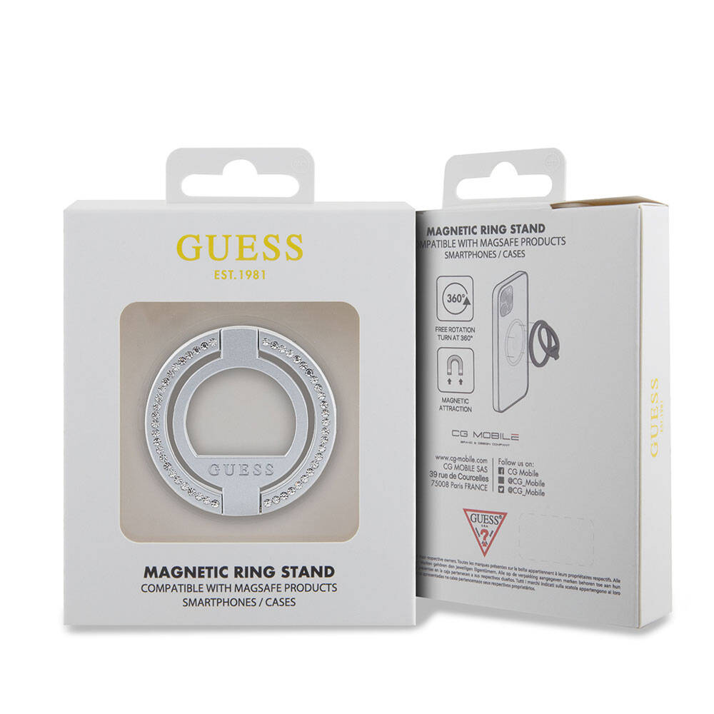 Guess Original Licensed M-safe Charging Feature Magnetic Stand with Logo and Stone Ring in Silver 