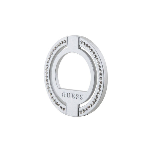 Guess Original Licensed M-safe Charging Feature Magnetic Stand with Logo and Stone Ring in Silver 