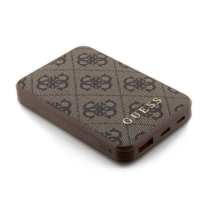 Guess Orjinal Lisanslı PU Deri 4G Desenli Metal Yazı Logolu Powerbank 5000mAh Kahverengi
