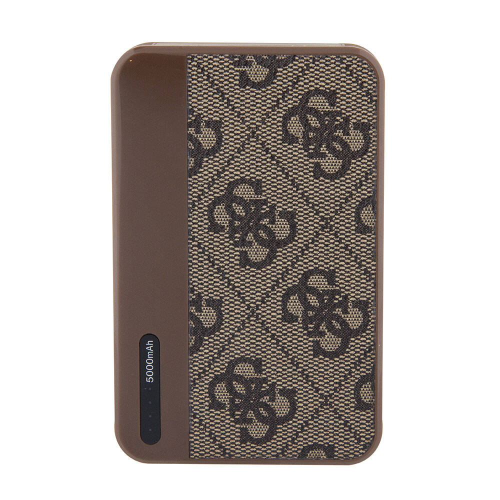 Guess Orjinal Lisanslı PU Deri 4G Desenli Metal Yazı Logolu Powerbank 5000mAh Kahverengi
