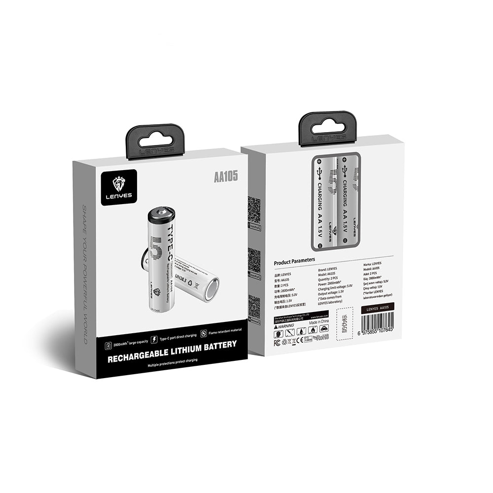 Lenyes AA105 Type-C Şarj Portlu Şarj Edilebilir AA Lityum-ion Pil 2800mWh 1.5V 2 Adet Beyaz