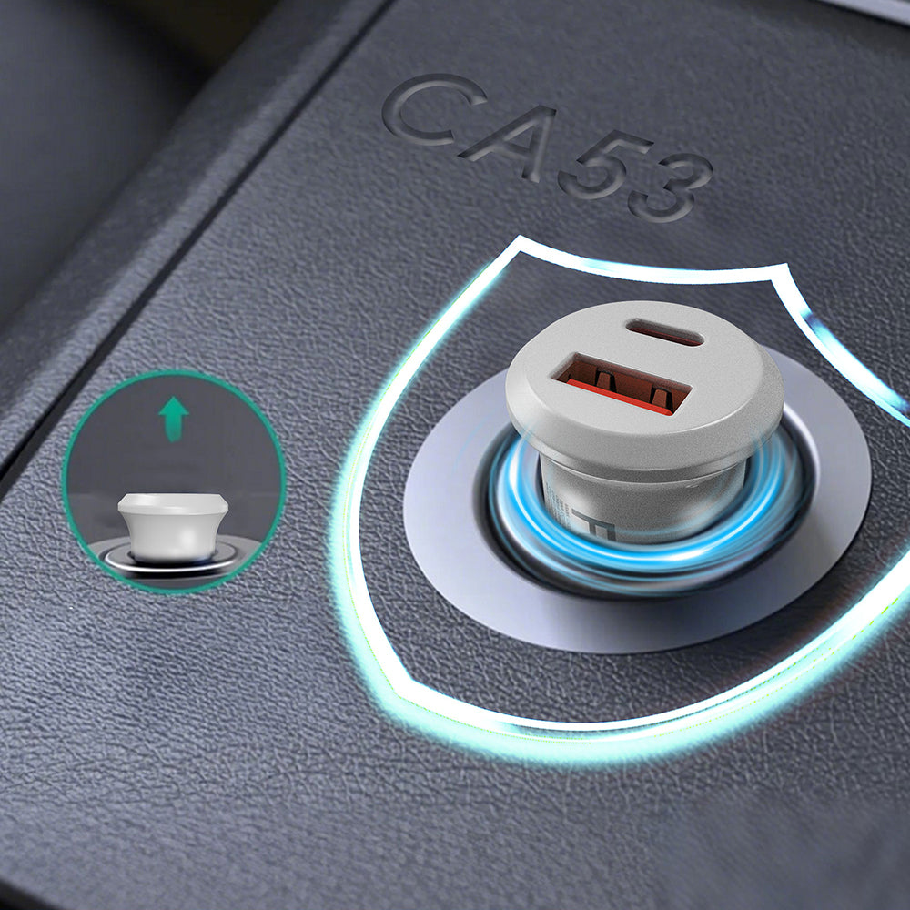 Lenyes CA53 Hızlı Şarj Özellikli Dual Type-C + USB-A Portlu Mini Araç Şarj Aleti 30W Beyaz