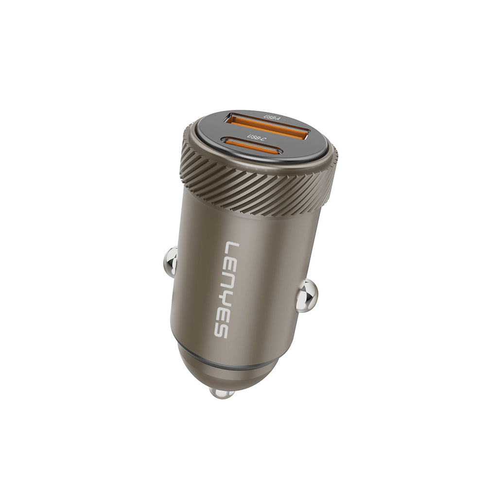 Lenyes CA57 Hızlı Şarj Özellikli Dual Type-C + USB-A Portlu Mini Araç Şarj Aleti 30W Kahverengi
