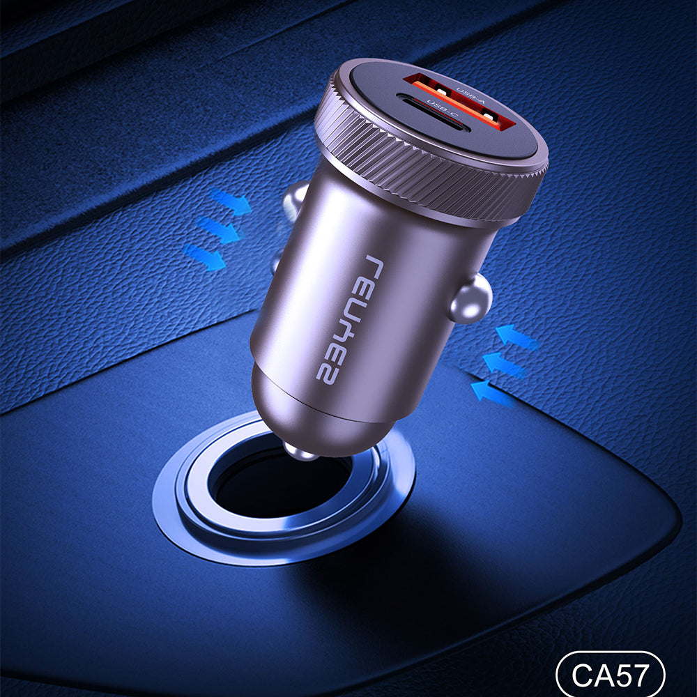 Lenyes CA57 Hızlı Şarj Özellikli Dual Type-C + USB-A Portlu Mini Araç Şarj Aleti 30W Kahverengi