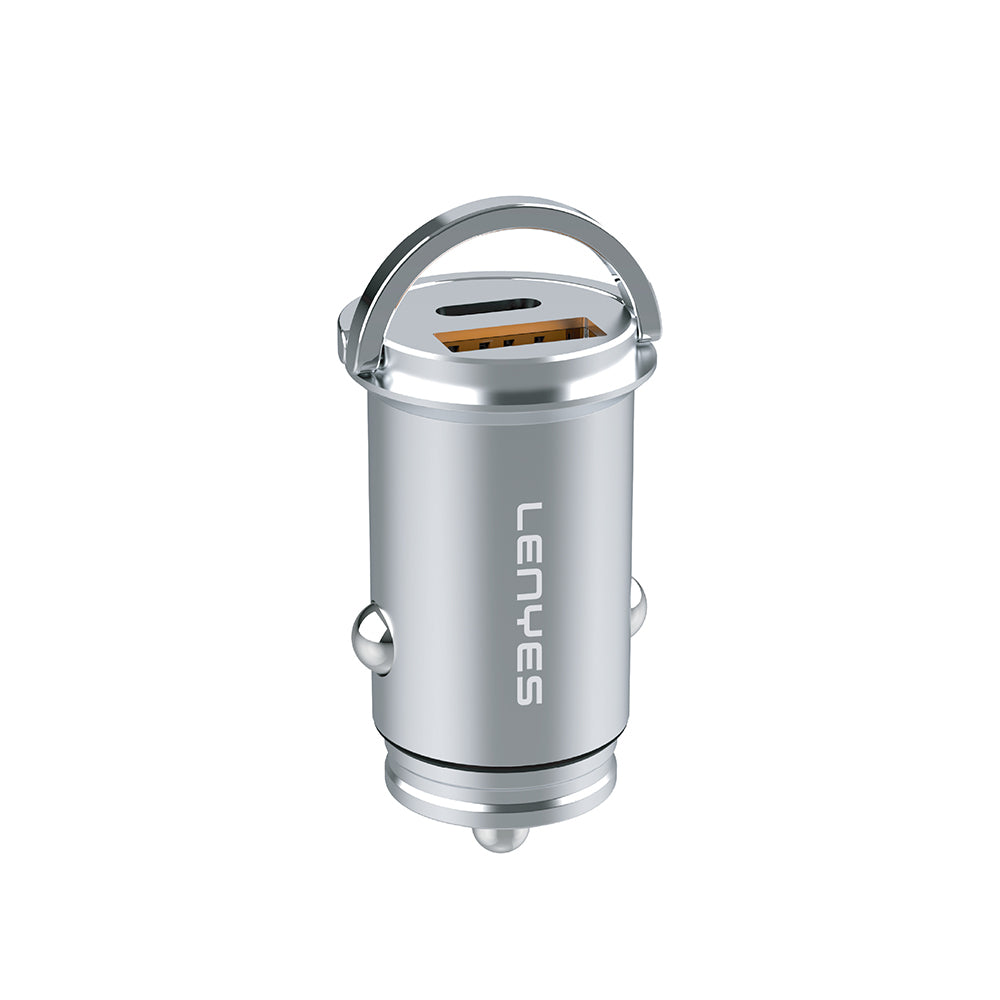 Lenyes CA60 Hızlı Şarj Özellikli Dual Type-C + USB-A Portlu Mini Araç Şarj Aleti PD 45W Gümüş