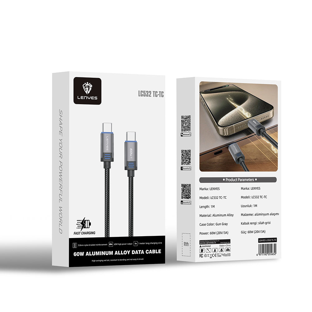 Lenyes LC532 Type-C to Type-C Hızlı Şarj Özellikli Data ve Şarj Kablosu 60W 1M Gri