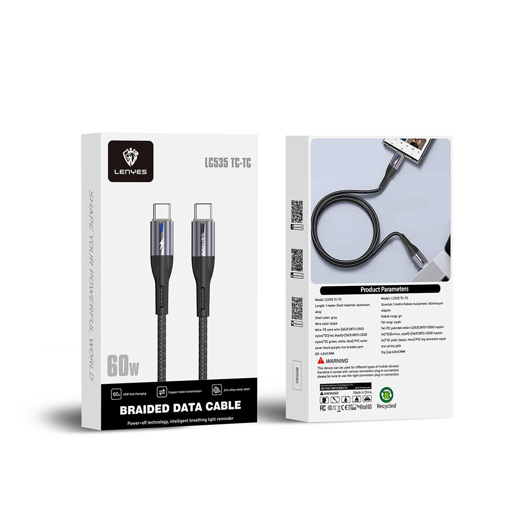 Lenyes LC535 Type-C to Type-C Hızlı Şarj Özellikli Data ve Şarj Kablosu 60W 1M Siyah