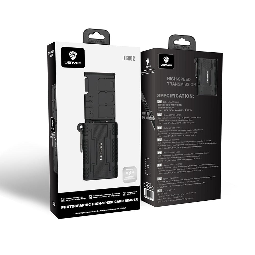 Lenyes LCR02 Type-C Kablolu Su Geçirmez Çoklu Kart Depolama ve Okuyucu Kutusu 10 Gbps Siyah