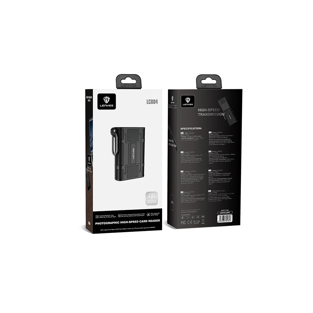 Lenyes LCR04 Type-C Kablolu Su Geçirmez Çoklu Kart Depolama ve Okuyucu Kutusu 10 Gbps Siyah