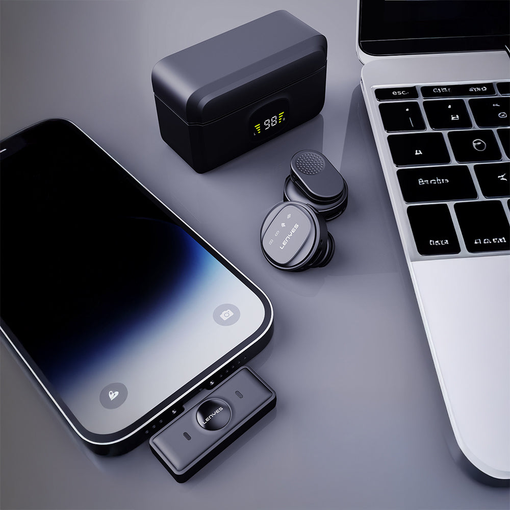 Lenyes LM204-L Type-C Şarj Portlu Akıllı Gürültü Engelleyicili Lightning Bağlantılı Kablosuz Yaka Mikrofonu Siyah