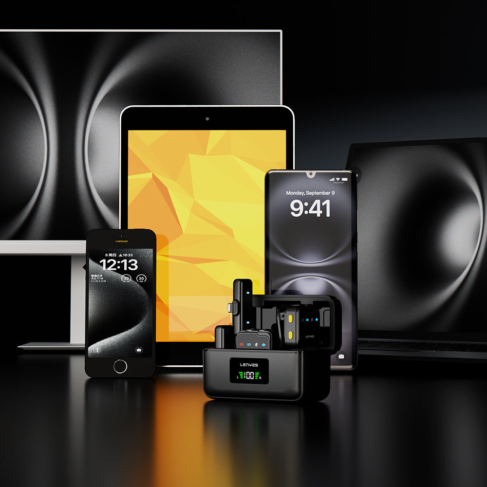 Lenyes LM205 2in1 Type-C Şarj Portlu Yapay Zeka Gürültü Engelleyicili Type-C ve Lightning Bağlantılı Kablosuz Yaka Mikrofonu Siyah