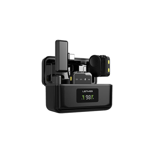 Lenyes LM205 2-in-1 Wireless Lavalier Microphone with Type-C Charging Port, Artificial Intelligence Noise Cancellation, Type-C and Lightning Connector, Black 