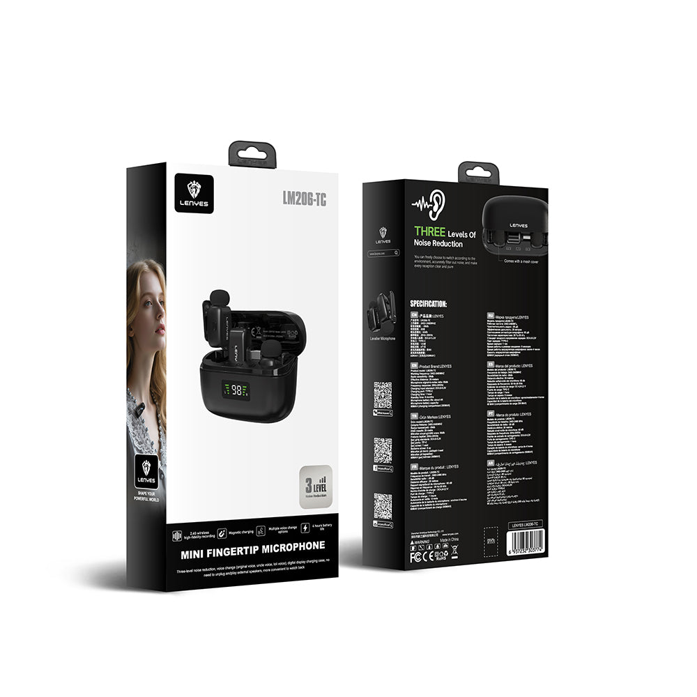 Lenyes LM206 Wireless Lavalier Microphone with Digital LED Display and Type-C Port, Black 