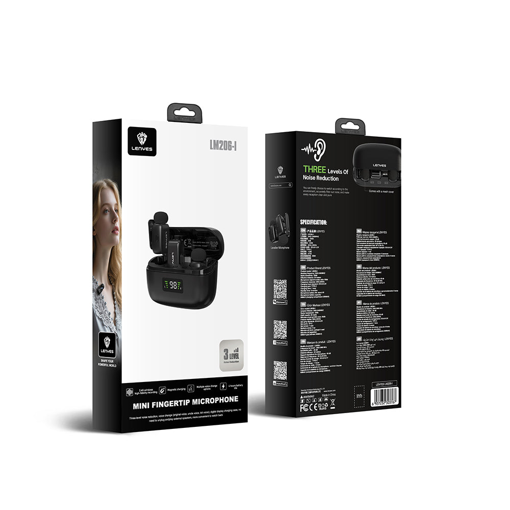 Lenyes LM206 Led Göstergeli Lightning Portlu Kablosuz Yaka Mikrofonu Siyah
