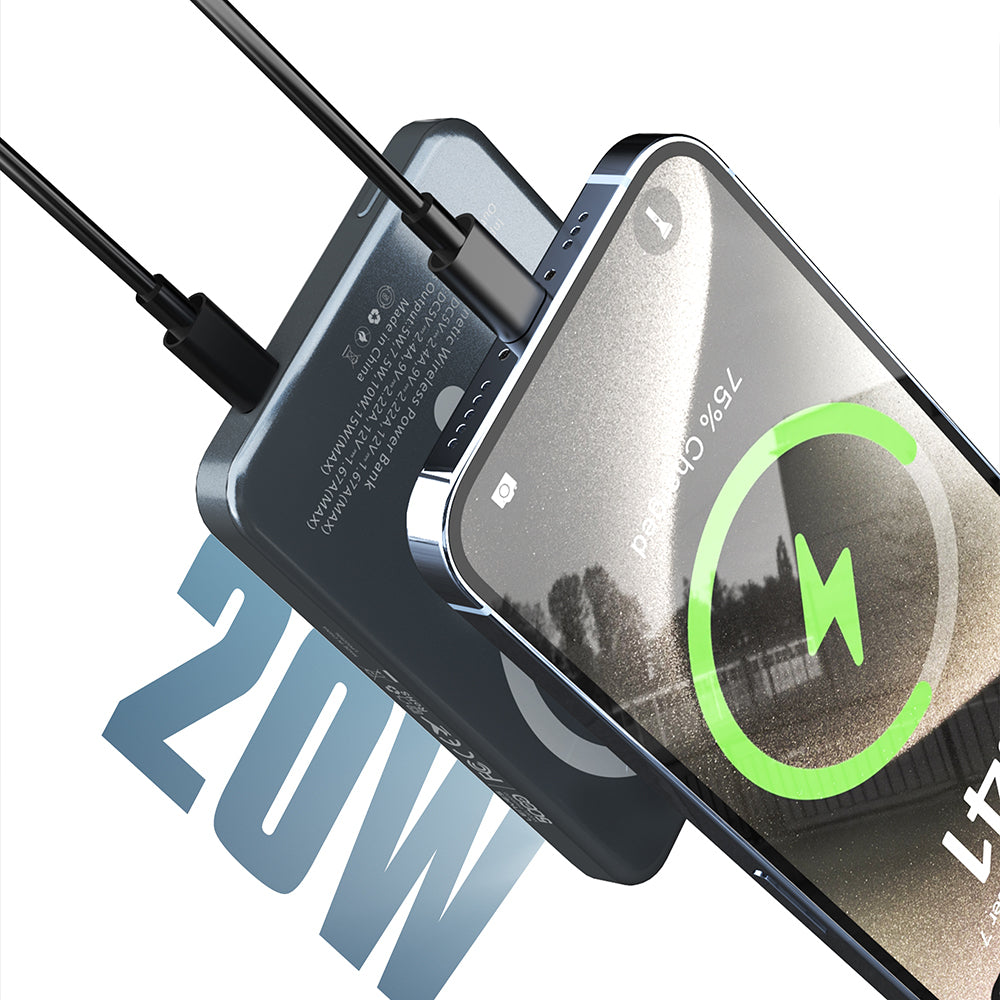 Lenyes PW0007D 20W Dijital LED Ekranlı Yüzük Standlı Wireless Powerbank 15W 5000mAh Füme