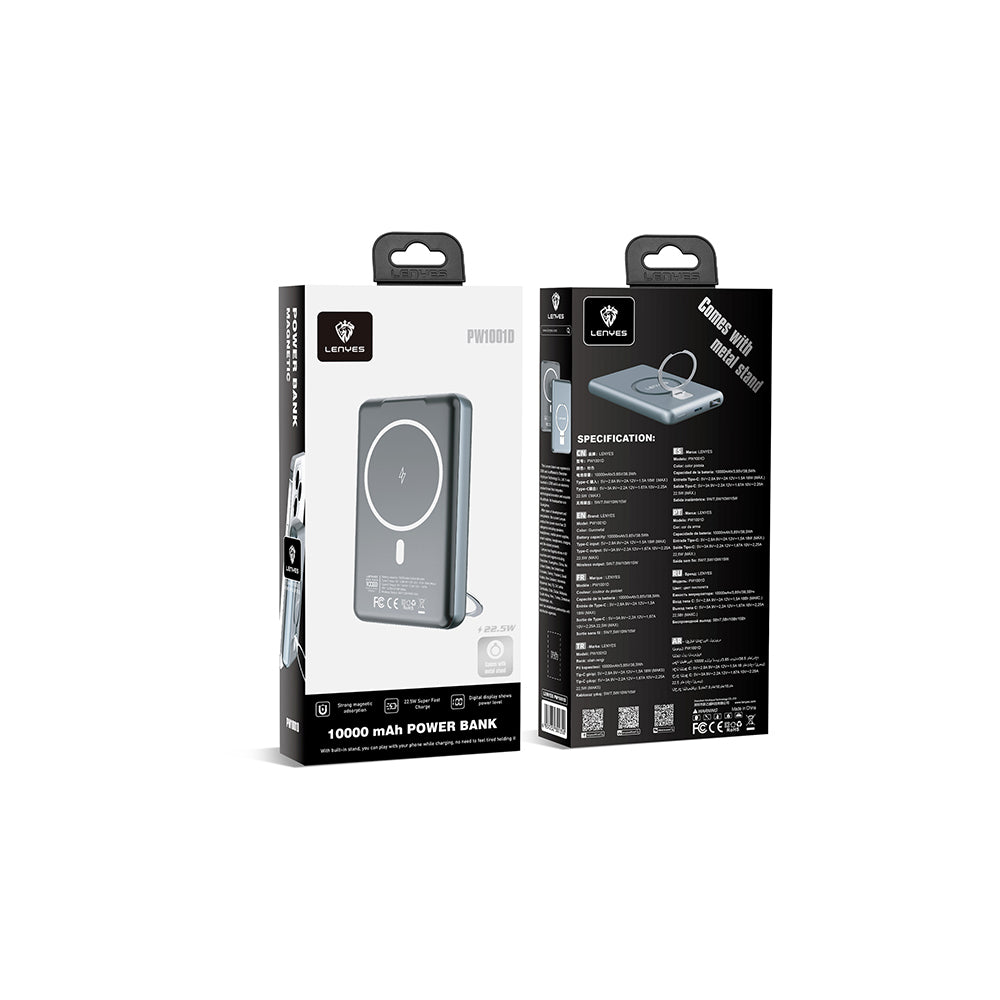 Lenyes PW1001D PD 22.5W Hızlı Şarj Özellikli Standlı Wireless Powerbank 15W 10000mAh Gri