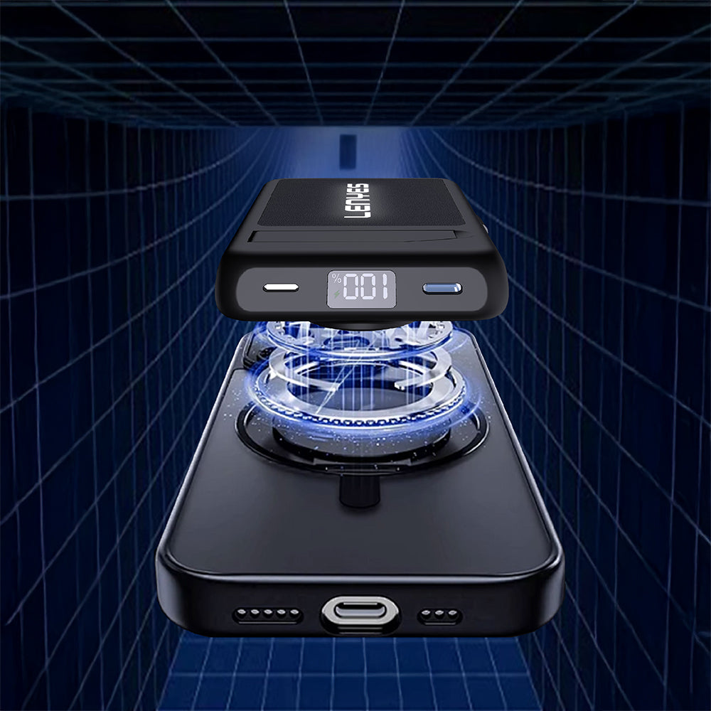 Lenyes PW1003D 22.5W Dijital LED Ekranlı Akıllı Saat Kablosuz Şarj Özellikli Standlı Wireless Powerbank 15W 10000mAh Siyah