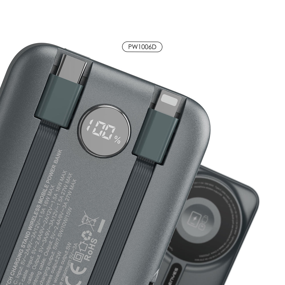 Lenyes PW1006D Dijital LED Ekranlı Standlı Wireless Powerbank 15W 10000mAh Gri