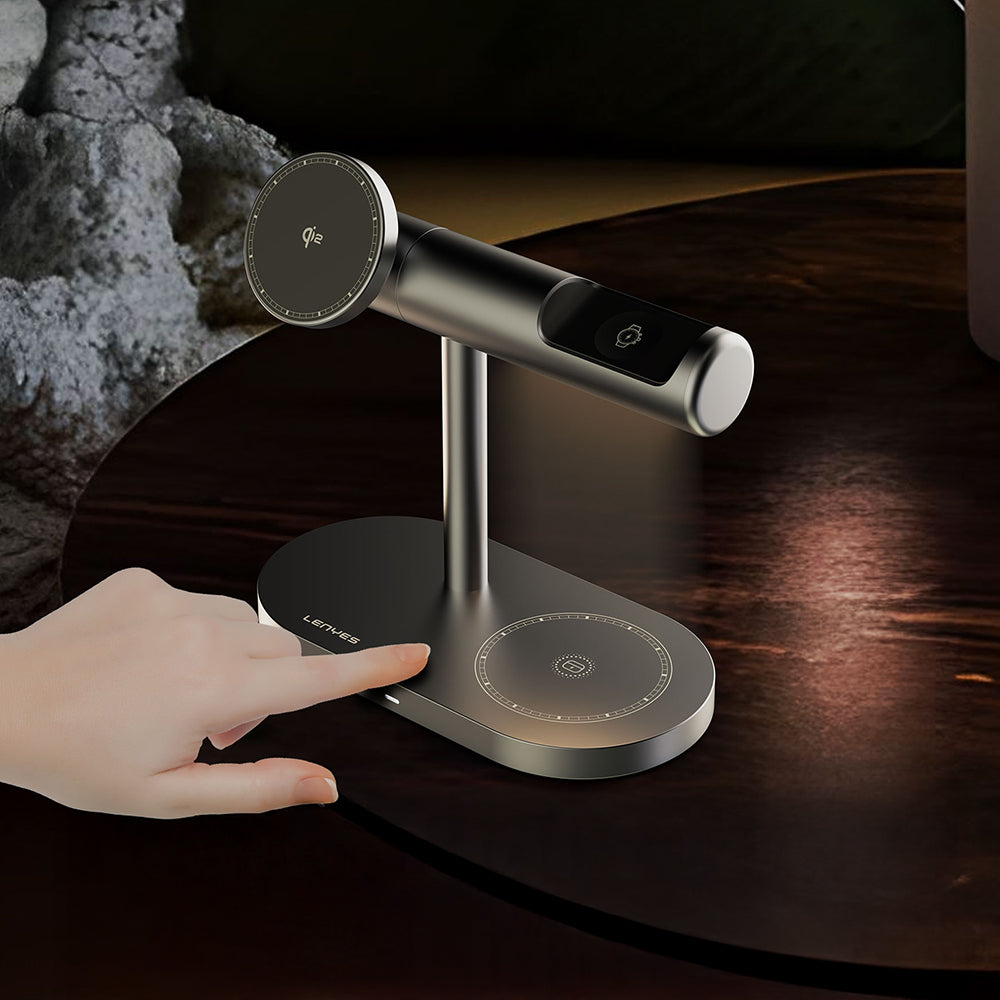 Lenyes PW319 Qi2 Şarj Teknolojili Ambiyans Işıklı Telefon&Akıllı Saat&Kulaklık 15W 3in1 Kablosuz Şarj Standı Gri