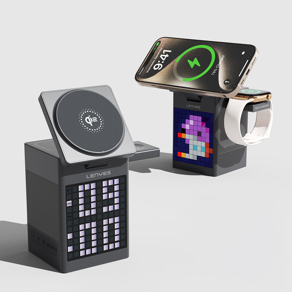 Lenyes PW320 Qi2 Şarj Teknolojili Alarmlı Bluetooth Speaker Özellikli Telefon&Akıllı Saat&Kulaklık 15W 6in1 Kablosuz Şarj Standı Gri