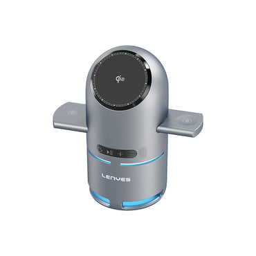 Lenyes PW321 Qi2 Şarj Teknolojili Bluetooth Speaker Hoparlör Özellikli Telefon&Akıllı Saat&Kulaklık 15W 4in1 Kablosuz Şarj Standı Gri