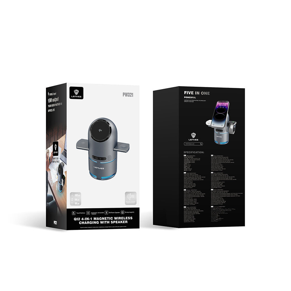 Lenyes PW321 Qi2 Şarj Teknolojili Bluetooth Speaker Hoparlör Özellikli Telefon&Akıllı Saat&Kulaklık 15W 4in1 Kablosuz Şarj Standı Gri