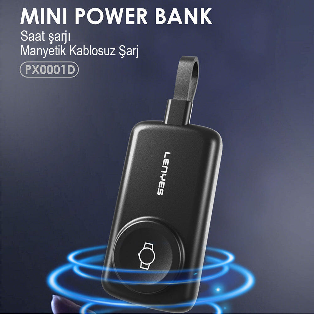 Lenyes PX0001D Akıllı Saat Kablosuz Şarj Özellikli Taşınabilir Type-C Kablolu Powerbank 2000mAh 2W Siyah