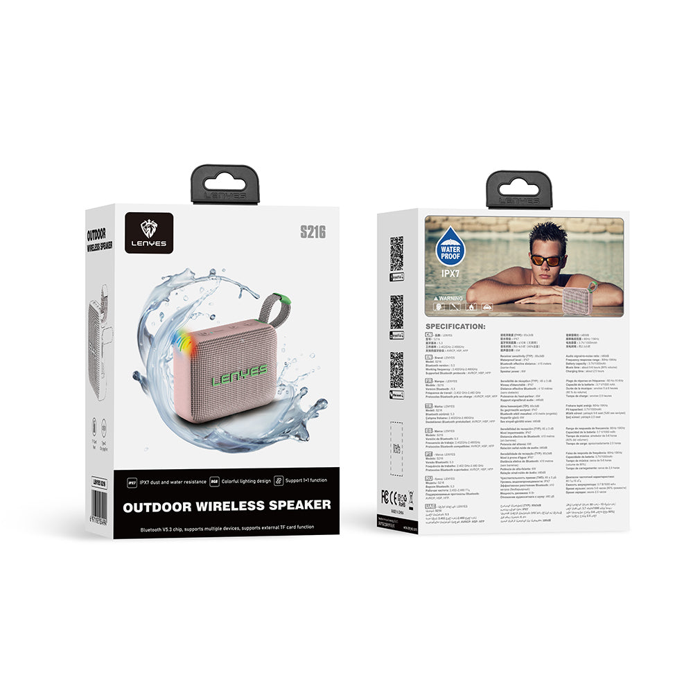 Lenyes S216 Su Geçirmez Özellikli RGB Işıklı Askılı Mini Bluetooth Speaker Hoparlör v5.3 Pembe