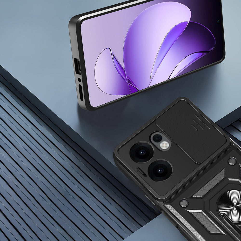 Oppo Reno 13F 5G Kılıf Magnetik Standlı Kamera Korumalı Zore Sürgülü Vega Kapak Siyah