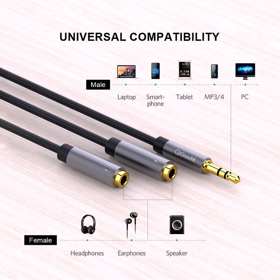 Qgeem QG-AU08 3.5mm Çoğaltıcı Audio Kablo Siyah