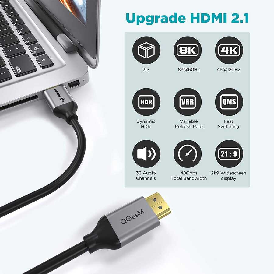 Qgeem QG-AV17 Görüntü ve Ses Aktarıcı HDMI Kablo 2.1 Versiyon 8K HD Kalite 48Gbps 0.91 metre Siyah