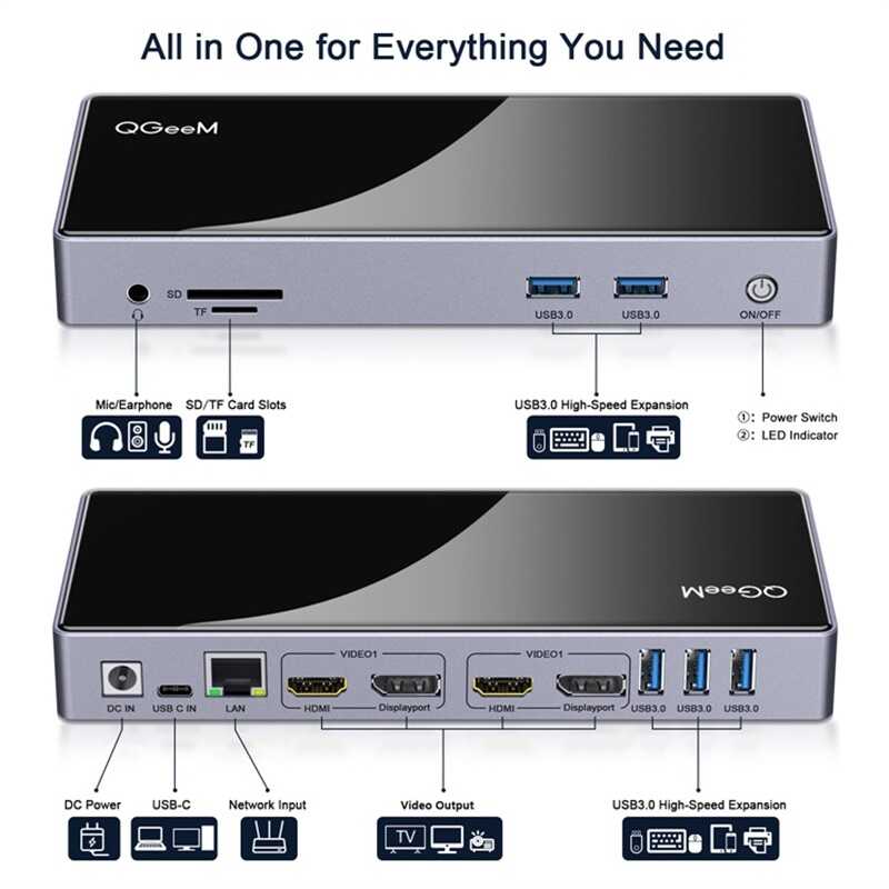 Qgeem QG-D6902 All in One Çoğaltıcı Type-C Hub Docking Station 4K-5K Displayport HDMI Destekli Siyah