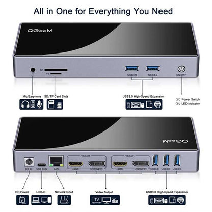 Qgeem QG-D6902 All in One Çoğaltıcı Type-C Hub Docking Station 4K-5K Displayport HDMI Destekli Siyah