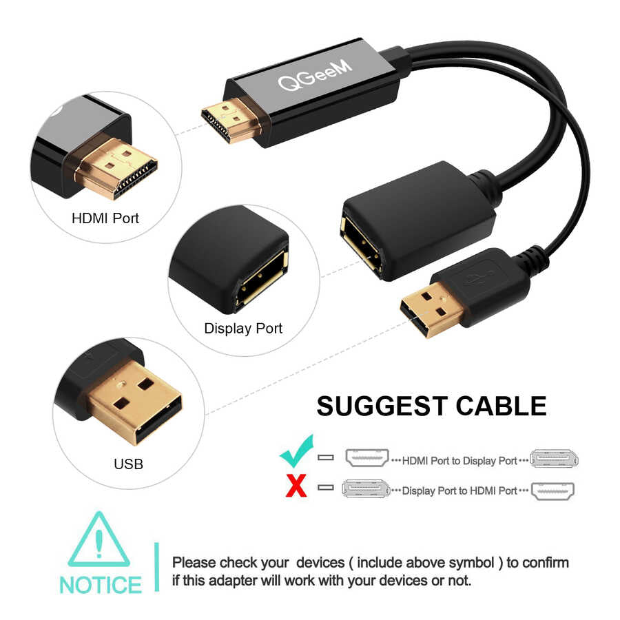 Qgeem QG-HD01 HDMI To Display Port Dönüştürücü Siyah