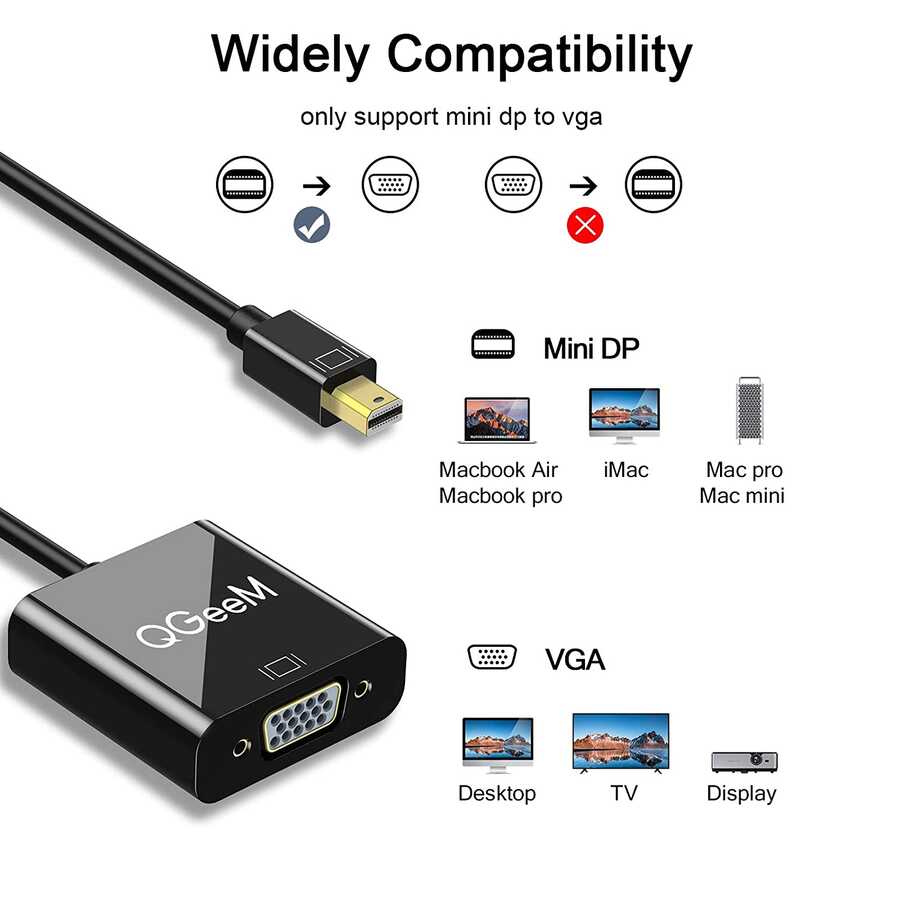 Qgeem QG-HD17 Mini Display Port To VGA Dönüştürücü Siyah