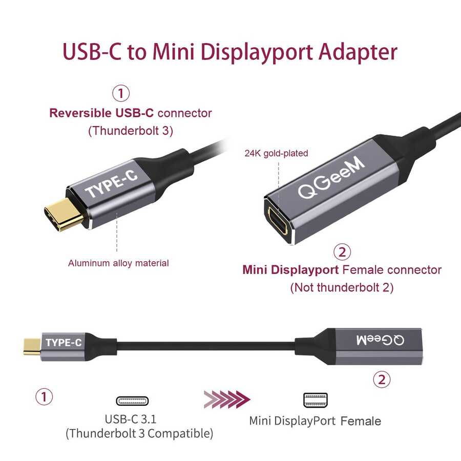 Qgeem QG-UA08 Type-C To Mini Display Dönüştürücü Siyah