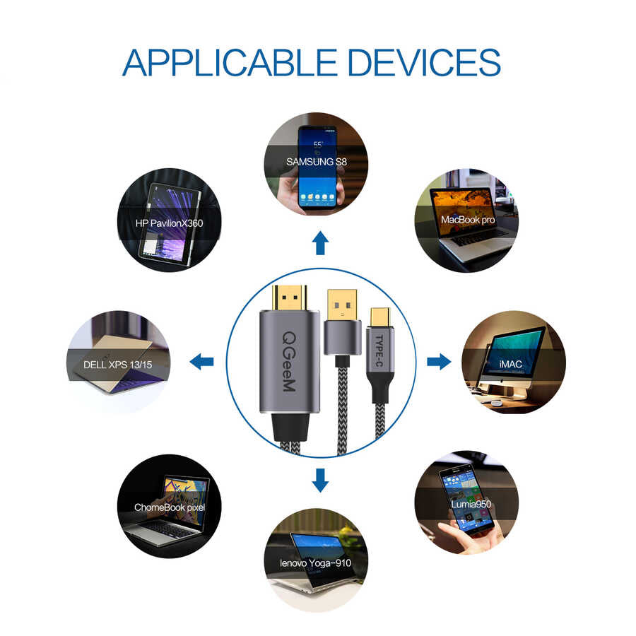 Qgeem QG-UA12 Type-C To HDMI 2 in 1 Kablo Siyah