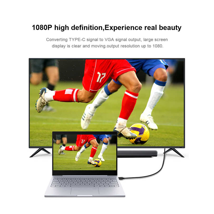 Qgeem QG-UA17 Type-C to VGA Adaptörü Yüksek Çözünürlüklü Dönüştürücü Kablo 1080p 60Hz 1.8 metre Siyah