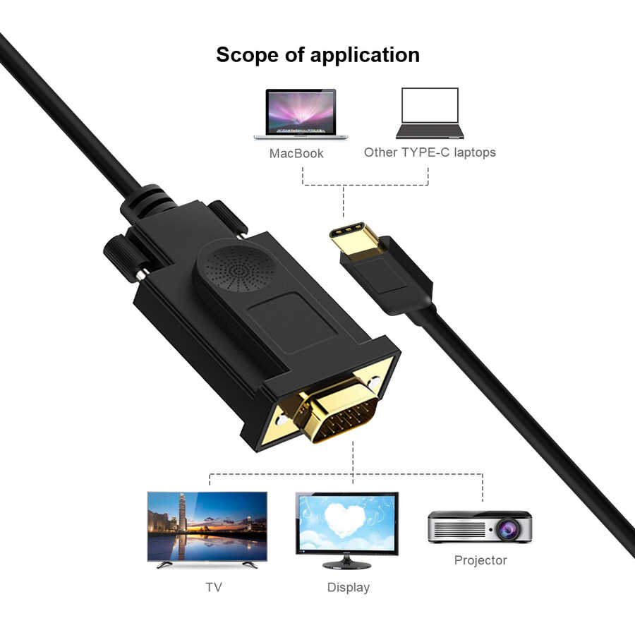 Qgeem QG-UA17 Type-C to VGA Adaptörü Yüksek Çözünürlüklü Dönüştürücü Kablo 1080p 60Hz 1.8 metre Siyah