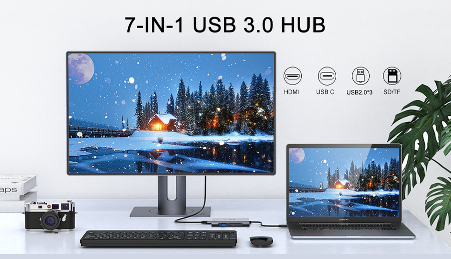 Qgeem QG-UH07-A Type-C Çoğaltıcı ve Dönüştürücü Hub Usb 3.0 HDMI 4K SD Kart 85W 5120Mbps Gri