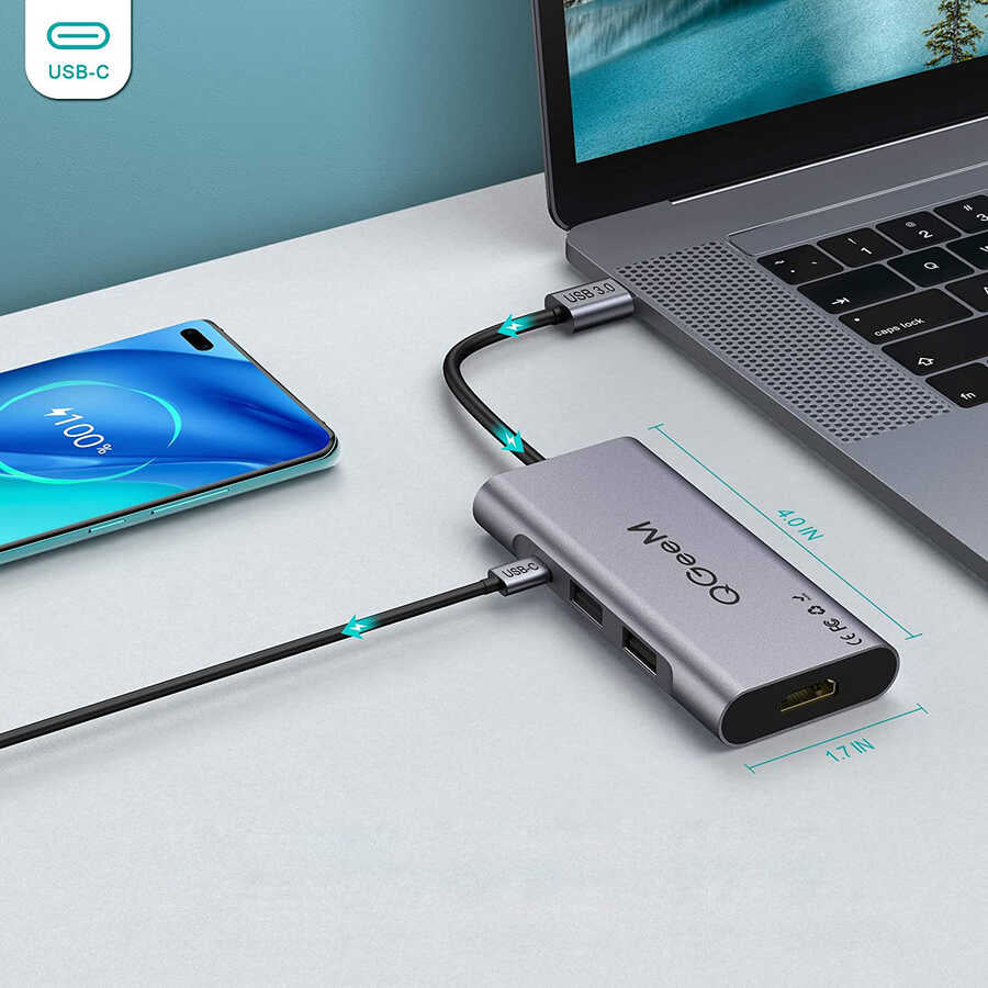 Qgeem QG-UH07-A Type-C Çoğaltıcı ve Dönüştürücü Hub Usb 3.0 HDMI 4K SD Kart 85W 5120Mbps Gri