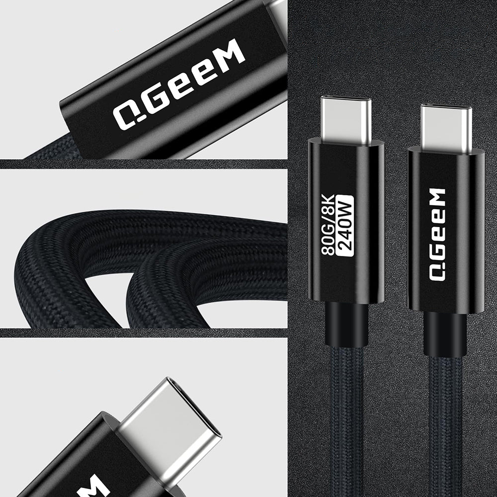 Qgeem QG05 Type-C to Type-C USB5 PD Data Kablosu 240W 80Gbps 8K@60Hz 1.2 Metre Siyah