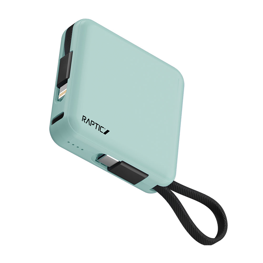 Raptic Lightning ve Type-C Kablolu Dijital LED Göstergeli Askılı Powerbank 5000mAh Kompakt ve Taşınabilir Tasarım Pembe