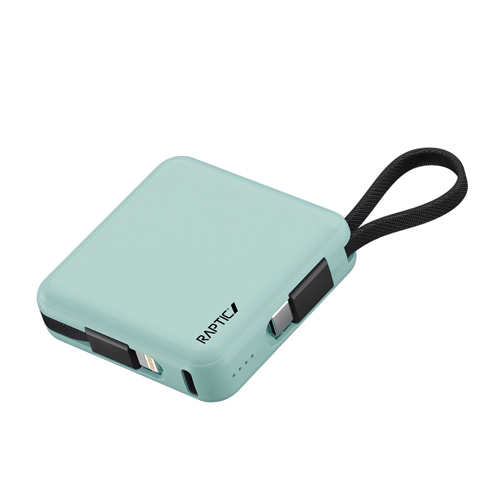 Raptic Lightning ve Type-C Kablolu Dijital LED Göstergeli Askılı Powerbank 5000mAh Kompakt ve Taşınabilir Tasarım Yeşil
