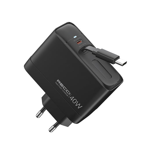 Recci RC102E GaN Technology Fast Charging Head USB-A to Type-C PD 40W Type-C Wired Charging Set Black 