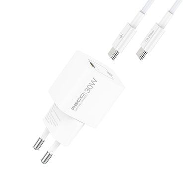 Recci RC77E GaN Technology Fast Charging Head Type-C to Type-C PD 30W Wired Charging Set White 